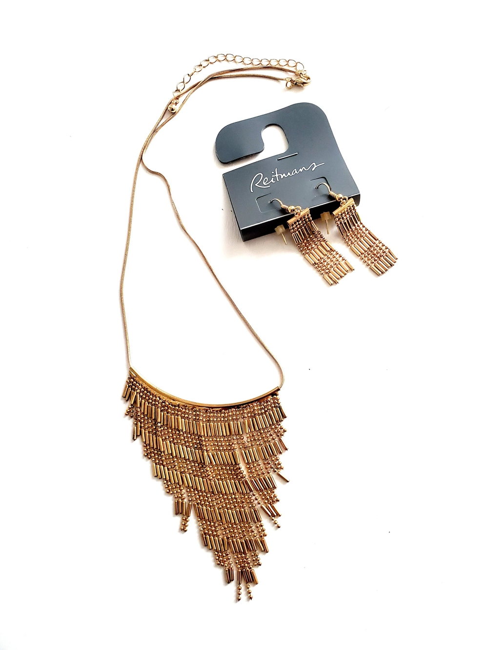 Reitmans Gold Fringe Layered Bib Necklace with Matching Earrings